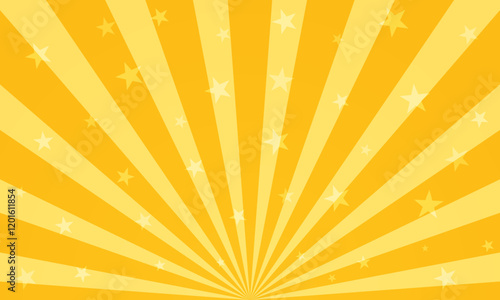 Magic circus poster. Sunlight horizontal background. Orange color burst background with shining stars. Backdrop with sunburst. Vector illustration