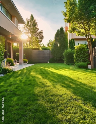 house in the garden, Backyard with lush green grass on sunny day, closeup. Gardening and landscaping