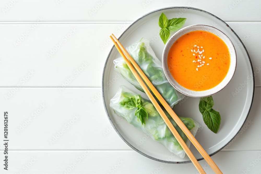Colorful spring rolls with sauce on a plate and chopsticks over a white wooden table, a flat lay top view with copy space. 