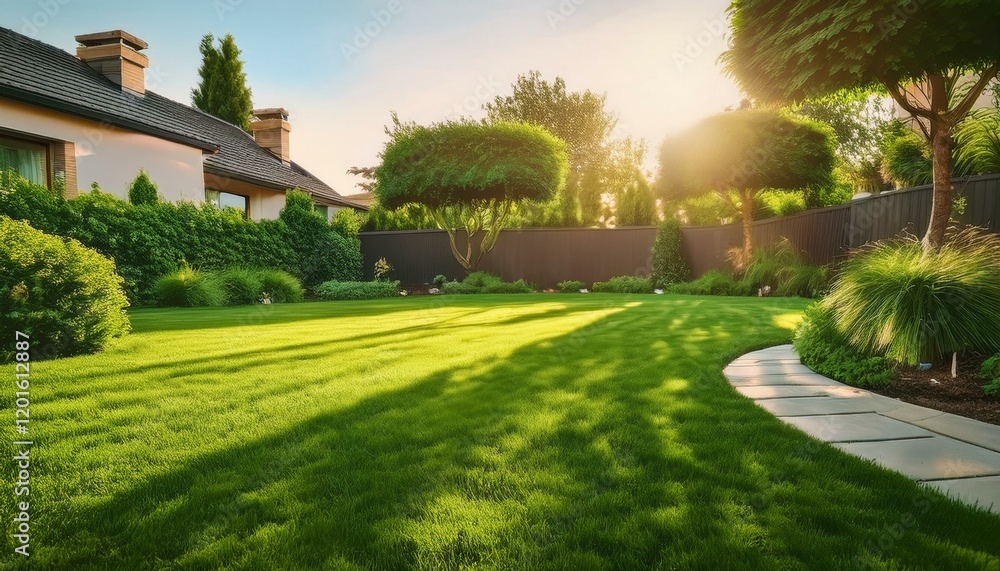 garden in the garden, Backyard with lush green grass on sunny day, closeup. Gardening and landscaping garden in the garden, Backyard with lush green grass on sunny day, closeup. Gardening and landscaping