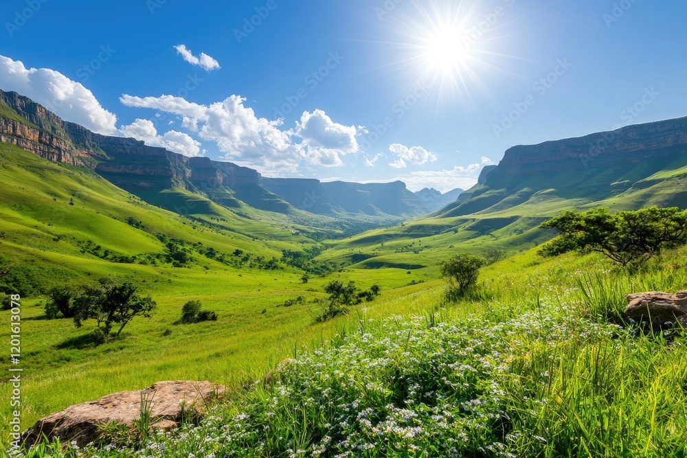 Panoramic view of a rich green valley, mountain backdrop under clear blue skies Panoramic view of a rich green valley, mountain backdrop under clear blue skies