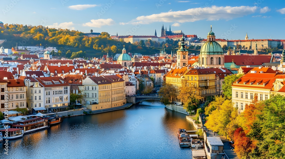 Obraz premium Autumnal Prague cityscape Vltava River, colorful buildings, Prague Castle backdrop; travel tourism