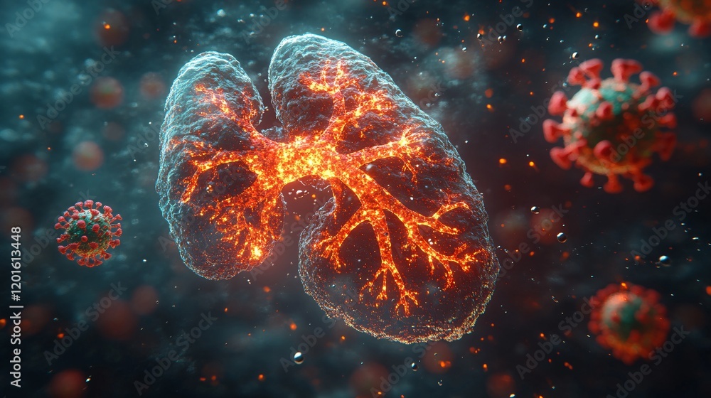 Futuristic 3D Render of Lungs Surrounded by Virus Particles Futuristic 3D Render of Lungs Surrounded by Virus Particles