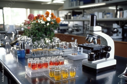 Laboratory scene of a microscope and multiple glass slides with colorful specimens ready for viewing