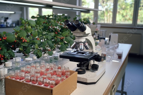 Laboratory scene of a microscope and multiple glass slides with colorful specimens ready for viewing
