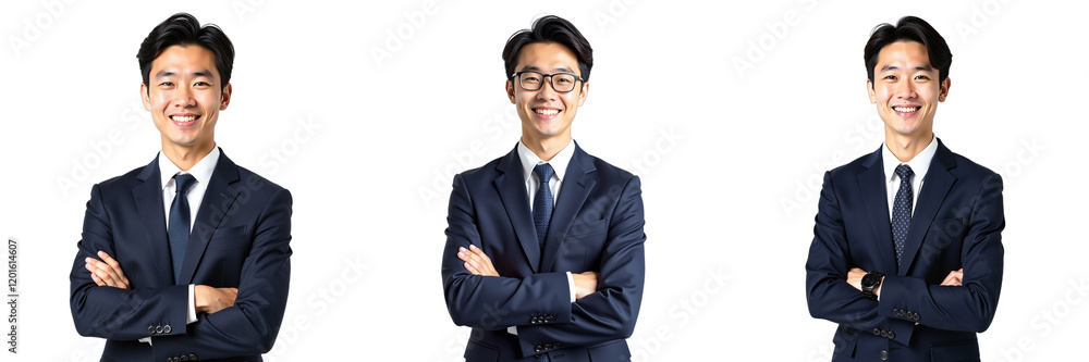 A Young Japanese Businessman With A Smile Poses Formally In A Suit, Isolated Against A Pure White Background. 00001 A Young Japanese Businessman With A Smile Poses Formally In A Suit, Isolated Against A Pure White Background. 00001