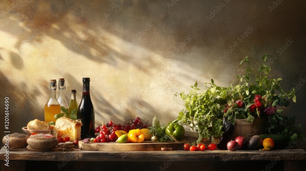 Fototapeta premium A Vibrant Display of Fresh Produce and Bottles Against a Rustic Background, Perfect for Food Photography, Recipes, and Culinary Arts