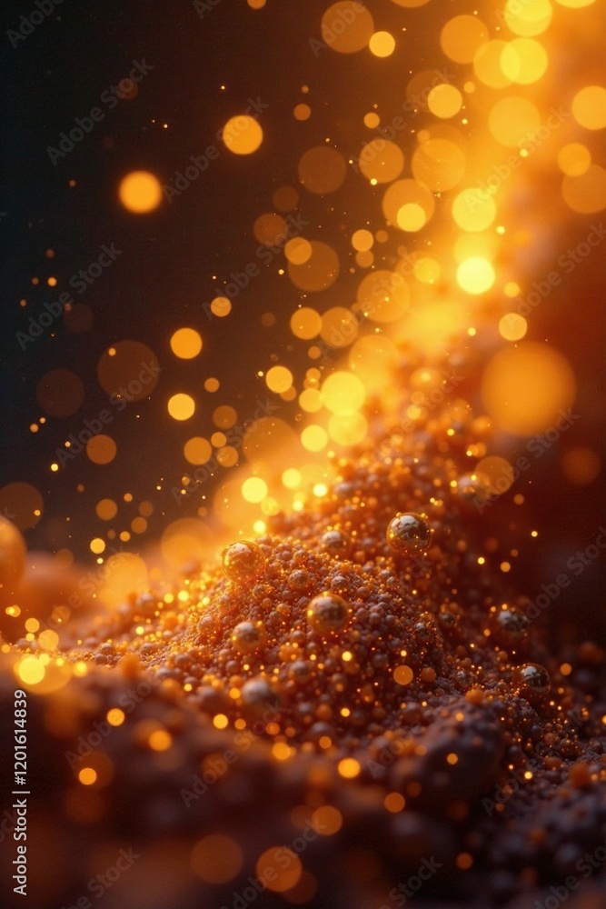 Air molecules as shimmering golden particles suspended in air, particle, luminous, tiny Air molecules as shimmering golden particles suspended in air, particle, luminous, tiny