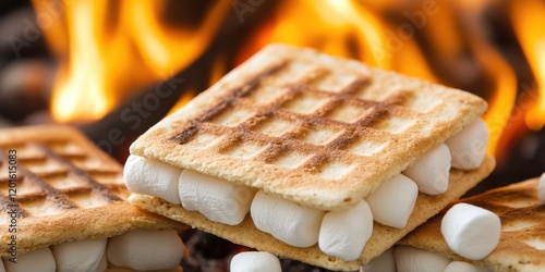 Toasty marshmallows nestled between crisp wafers create irresistible s’mores, capturing the essence of warmth and sweet indulgence by a fireside. photo