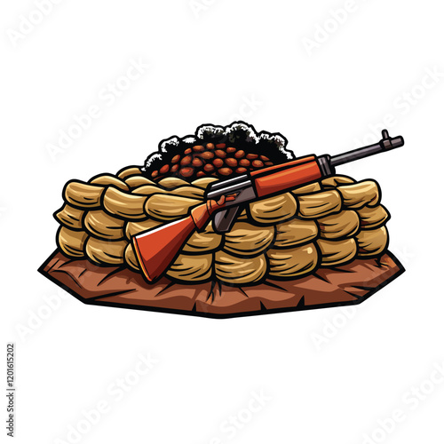 A detailed illustration of a World War I military trench, showing the rough, earthen walls lined with sandbags.