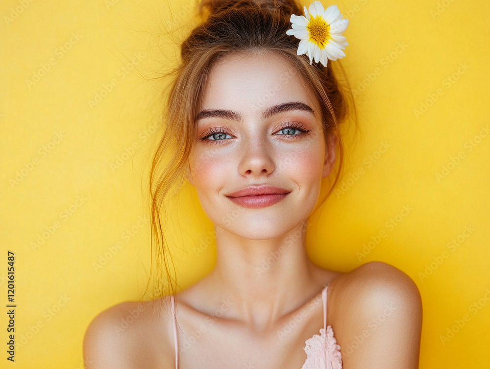 Cheerful portrait of a woman with floral accents Cheerful portrait of a woman with floral accents