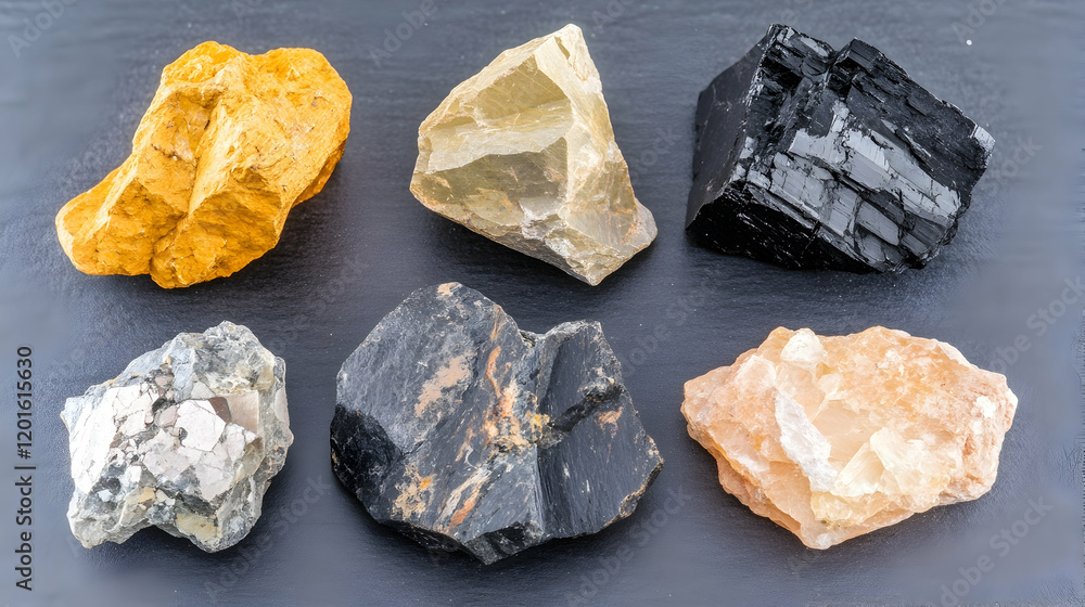 Naklejka premium Colorful mineral specimens arranged on dark surface; geology, science, education, collection