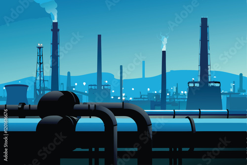 A sprawling industrial skyline dominated by towering factories, interconnected by a network of intricate pipelines.