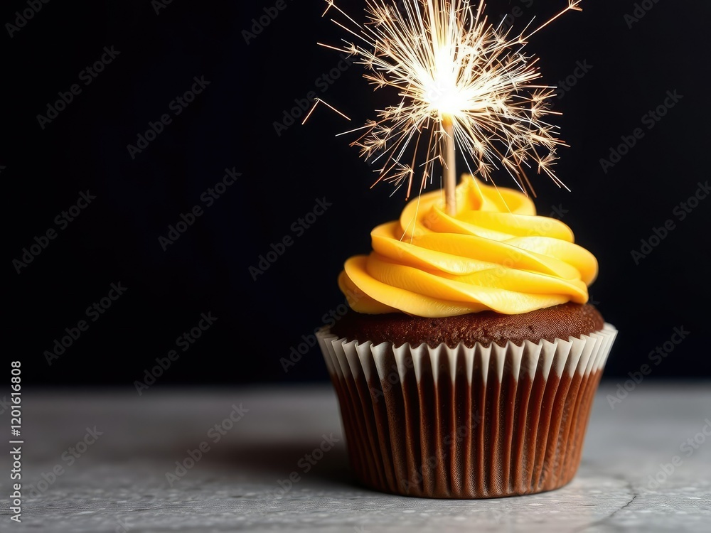 Close-up of a sparkler on top of a rich chocolate cupcake with golden frosting, desserts, edible glitter Close-up of a sparkler on top of a rich chocolate cupcake with golden frosting, desserts, edible glitter