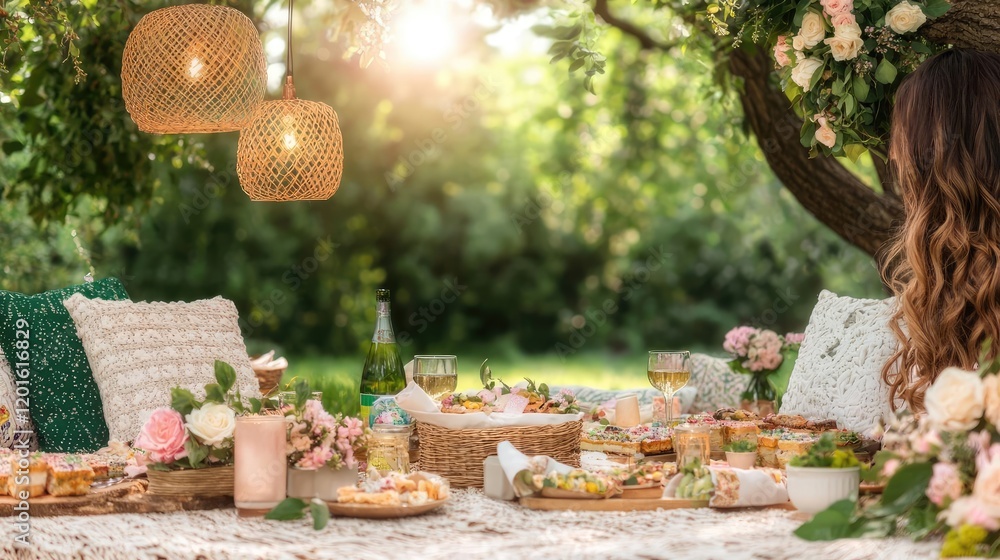 Woman enjoys a luxurious outdoor picnic under a tree, surrounded by nature. Use Website, blog, or magazine Woman enjoys a luxurious outdoor picnic under a tree, surrounded by nature. Use Website, blog, or magazine