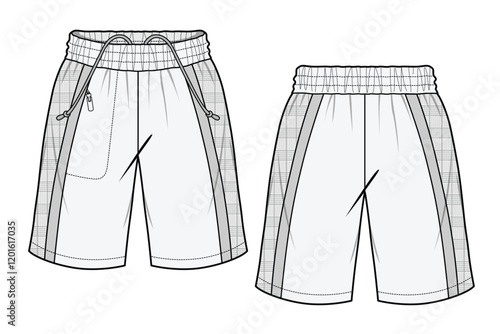 Ladies Bermuda Shorts front and back view vector mockup template technical technical line drawing.