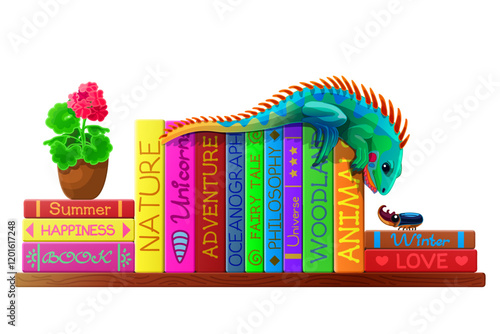 vector cartoon illustration. Books spines on shelf. Clip art isolated on transparent background. Hand drown design element. 
