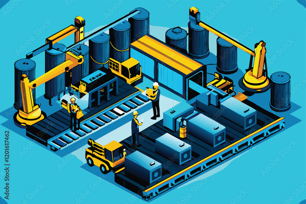 Isometric vector illustration of a bustling factory floor, showcasing a complex production line with automated machinery, conveyors, and workers operating robots. Isometric vector illustration of a bustling factory floor, showcasing a complex production line with automated machinery, conveyors, and workers operating robots.