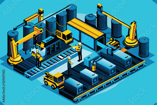 Isometric vector illustration of a bustling factory floor, showcasing a complex production line with automated machinery, conveyors, and workers operating robots.