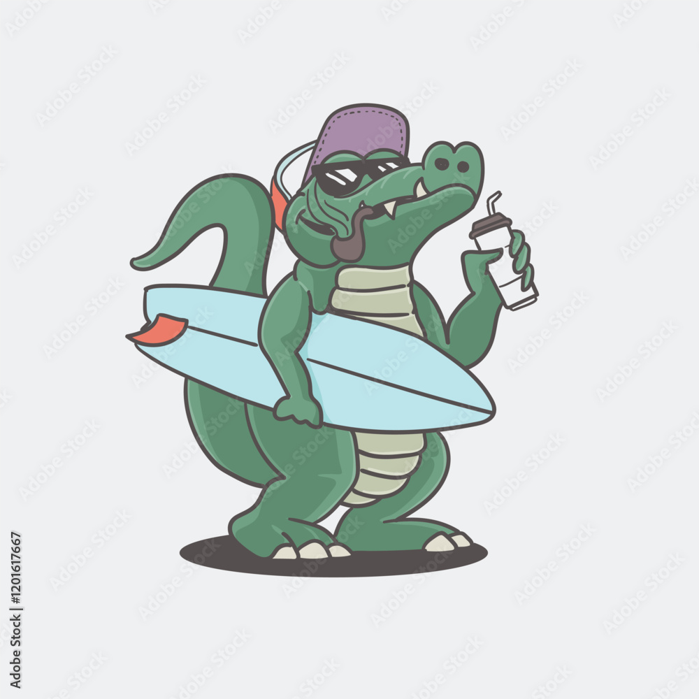 Obraz premium Funny cartoon crocodile holding a surfboard. Vector illustration 