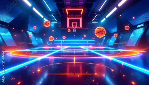 Neon Basketball Court 3d Render Futuristic Game Background