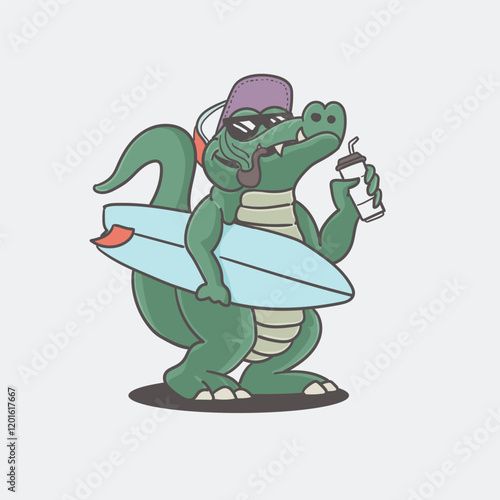 Funny cartoon crocodile holding a surfboard. Vector illustration
