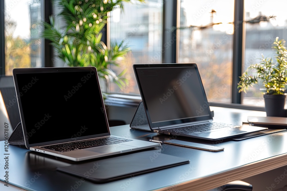 Off to colleague sharing ideas in a sleek corporate office, emphasizing professional growth with laptops and notepads Off to colleague sharing ideas in a sleek corporate office, emphasizing professional growth with laptops and notepads