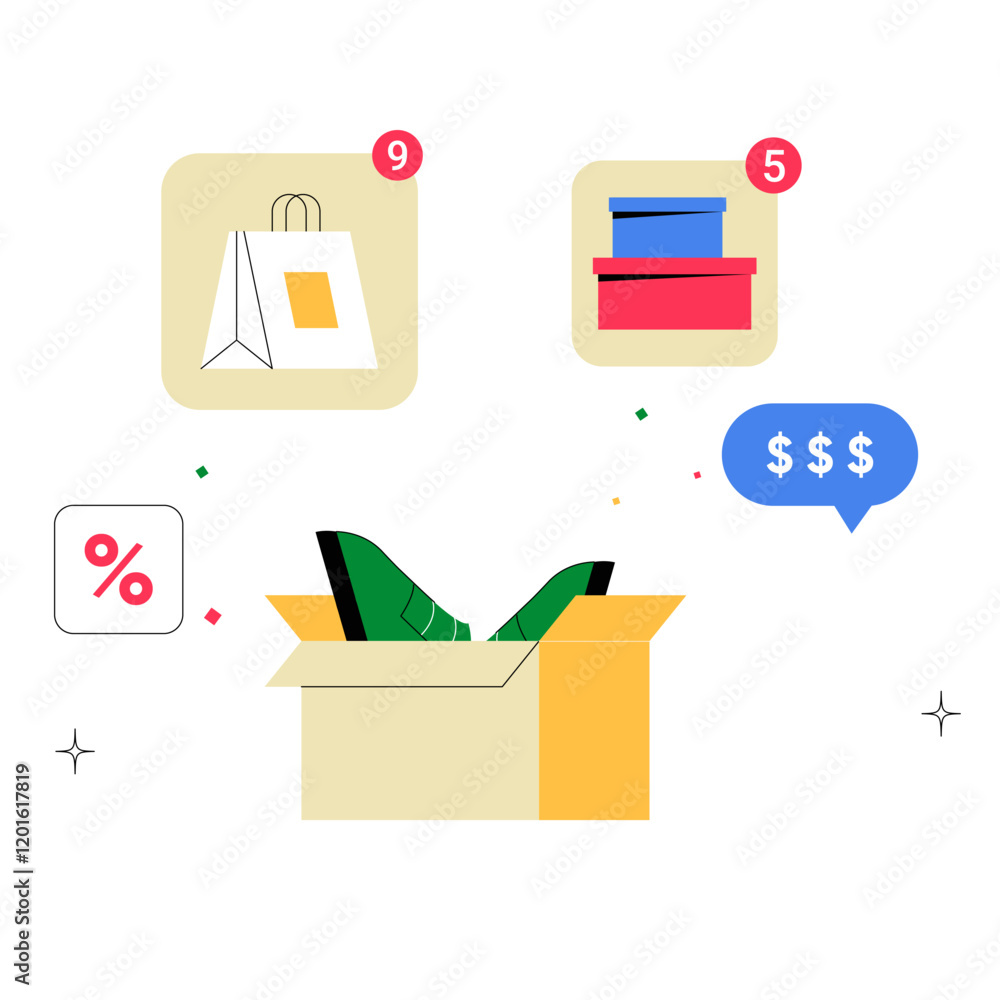 Open Box With Shoes And Shopping Icons In Flat Vector Illustration Symbolizing E Commerce, Delivery, And Online Shopping, Isolated On White Background. Open Box With Shoes And Shopping Icons In Flat Vector Illustration Symbolizing E Commerce, Delivery, And Online Shopping, Isolated On White Background.