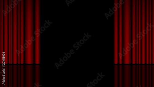 Red open curtain on stage. Concert hall with glossy floor and fabric drapery, awarding or graduation ceremony, standup comedy show banner background. Vector illustration