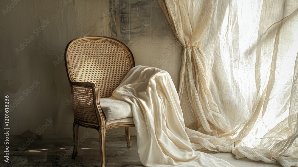 Rustic wicker chair draped with a soft white fabric Rustic wicker chair draped with a soft white fabric