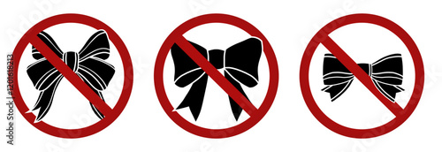 Vector set of forbidden signs with black silhouette of bows for stickers and badges. Holidays are prohibited. No gifts allowed. Ribbon in ban