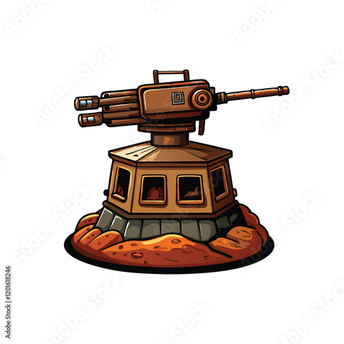 A weathered machine gun turret mounted on the top of a crumbling, abandoned military outpost, overlooking a desolate landscape.
