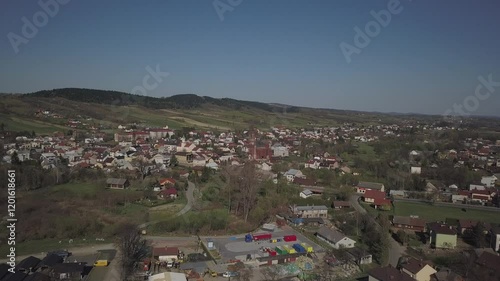 Biezdziedza, Poland - 9 9 2018: Photograph of the old part of a small town from a bird's flight. Aerial photography by drone or quadrocopter. Advertise tourist places in Europe. Planning a