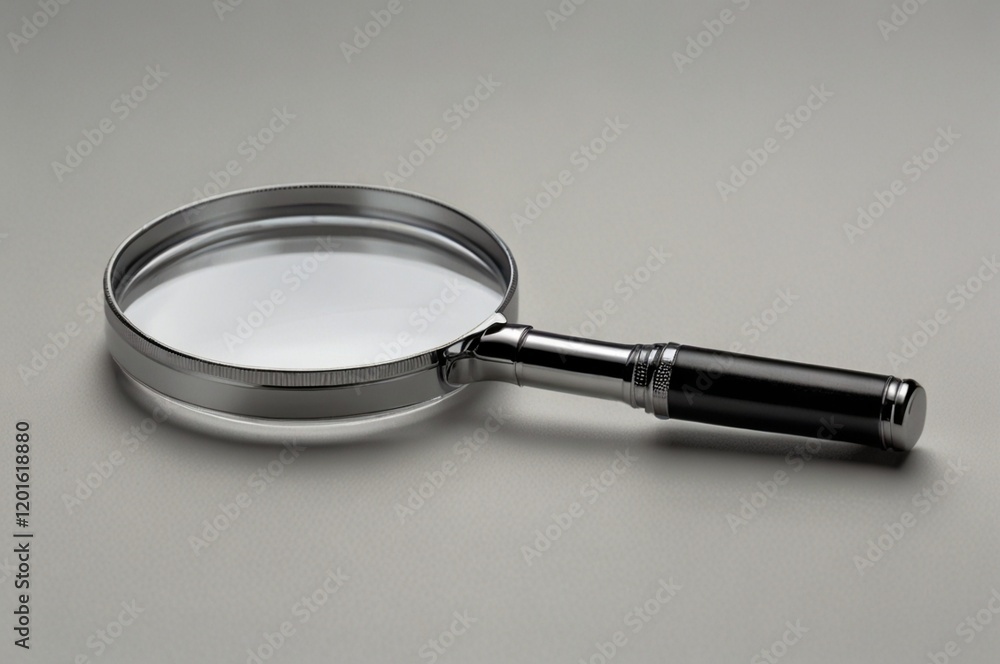 A magnifying glass with a silver frame and a black handle lying on a gray surface A magnifying glass with a silver frame and a black handle lying on a gray surface