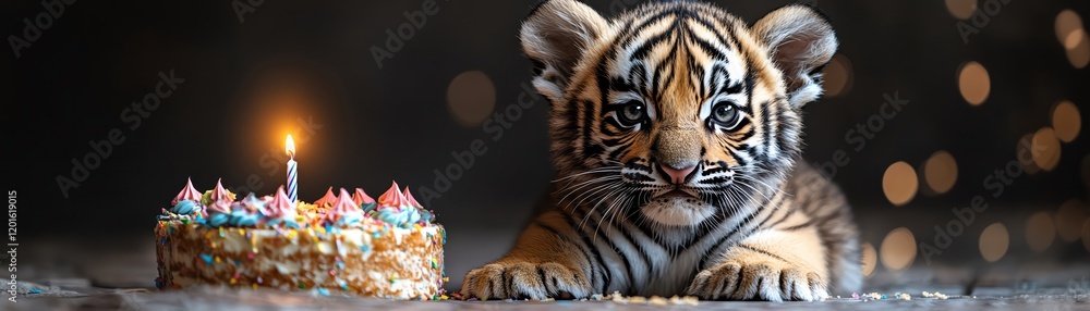 Obraz premium A cute tiger cub sitting next to a colorful birthday cake with a lit candle