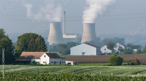 Wallpaper Mural A rural landscape features cooling towers emitting steam, with farms in the foreground, illustrating the intersection of agriculture and industrial energy production. Torontodigital.ca