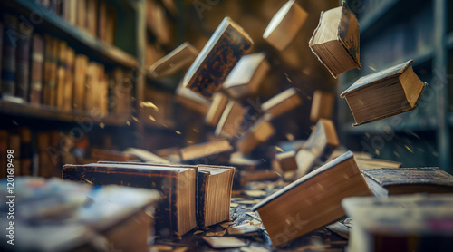 Dynamic Explosion of Books in a Library, Capturing a Chain Reaction of Movement and Chaos photo