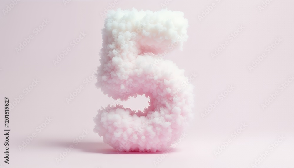 Fototapeta premium Fluffy Pink Cloud Number Five on Pink Background