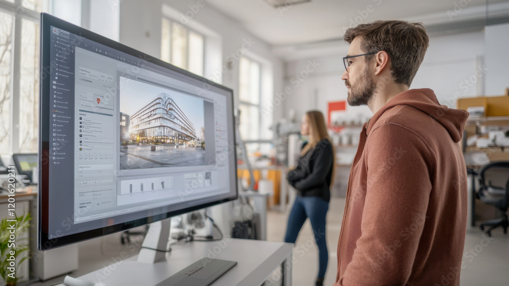 Fototapeta premium Futuristic building design being reviewed by man in office setting