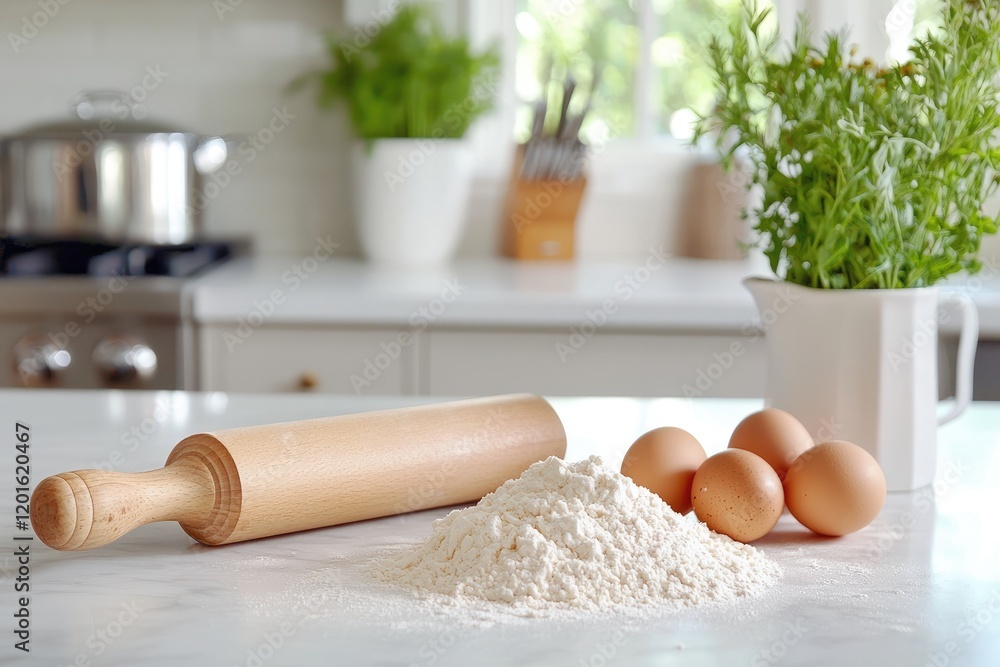 Traditional pasta-making process with flour, eggs, and a wooden rolling pin on a clean kitchen counter Traditional pasta-making process with flour, eggs, and a wooden rolling pin on a clean kitchen counter