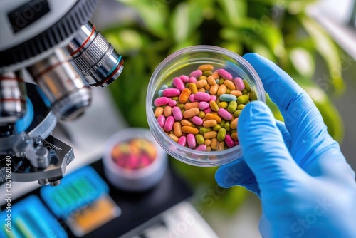 close-up of a microscope lens focused on colorful bacterial cultures, clean surroundings, editorial composition