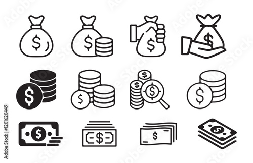 Finance icons. Business Icons, money signs. Money silhouette collection.