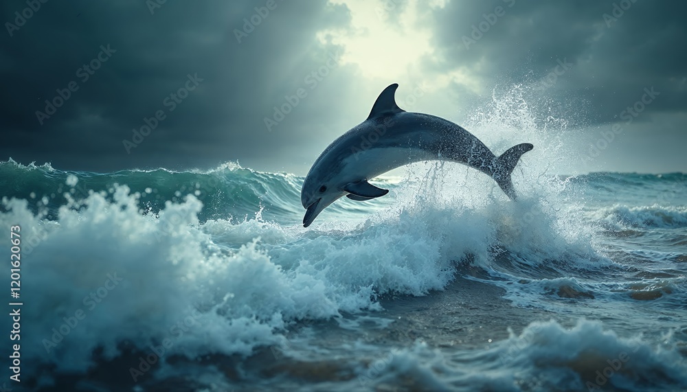 Naklejka premium Dolphin Leaping Ocean Waves Dramatic Nature Photography