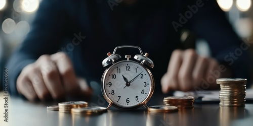 An alarm clock surrounded by coins on a desk conveys the timeless adage of time's value in the financial world. photo