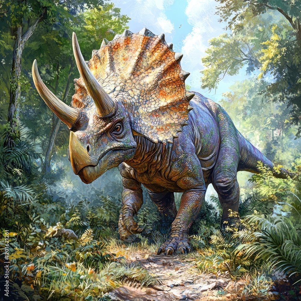 Fototapeta premium Triceratops Roaming Through a Lush, Sunlit Prehistoric Forest Landscape