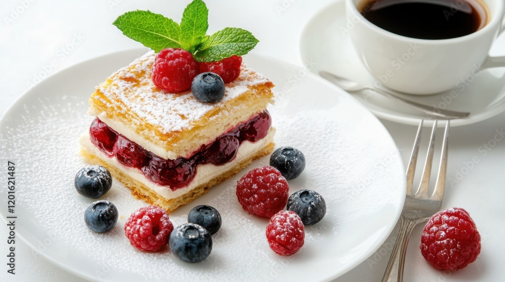 Delicious Layered Dessert with Fresh Berries and Mint Garnish Served with Black Coffee on a White Plate Delicious Layered Dessert with Fresh Berries and Mint Garnish Served with Black Coffee on a White Plate
