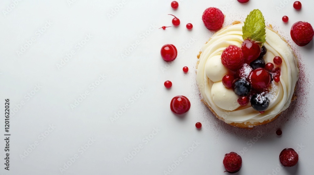 Exquisite Dessert Featuring Creamy Whipped Topping and Fresh Berries for an Elegant Presentation on a Minimalist White Background Exquisite Dessert Featuring Creamy Whipped Topping and Fresh Berries for an Elegant Presentation on a Minimalist White Background