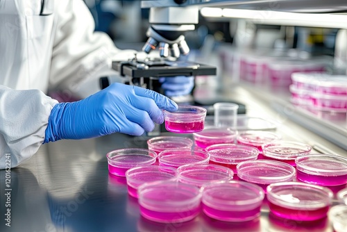 researcher analyzing bacteria samples at a microscope, clean lab space, professional appearance