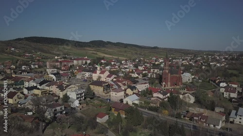 Biezdziedza, Poland - 9 9 2018: Photograph of the old part of a small town from a bird's flight. Aerial photography by drone or quadrocopter. Advertise tourist places in Europe. Planning a
