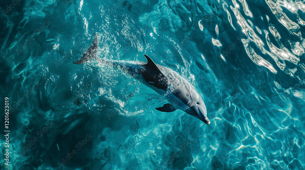 Obraz premium A dolphin swims in bright turquoise water. The photograph is an upload to a stock photo site and the chosen image on the page
